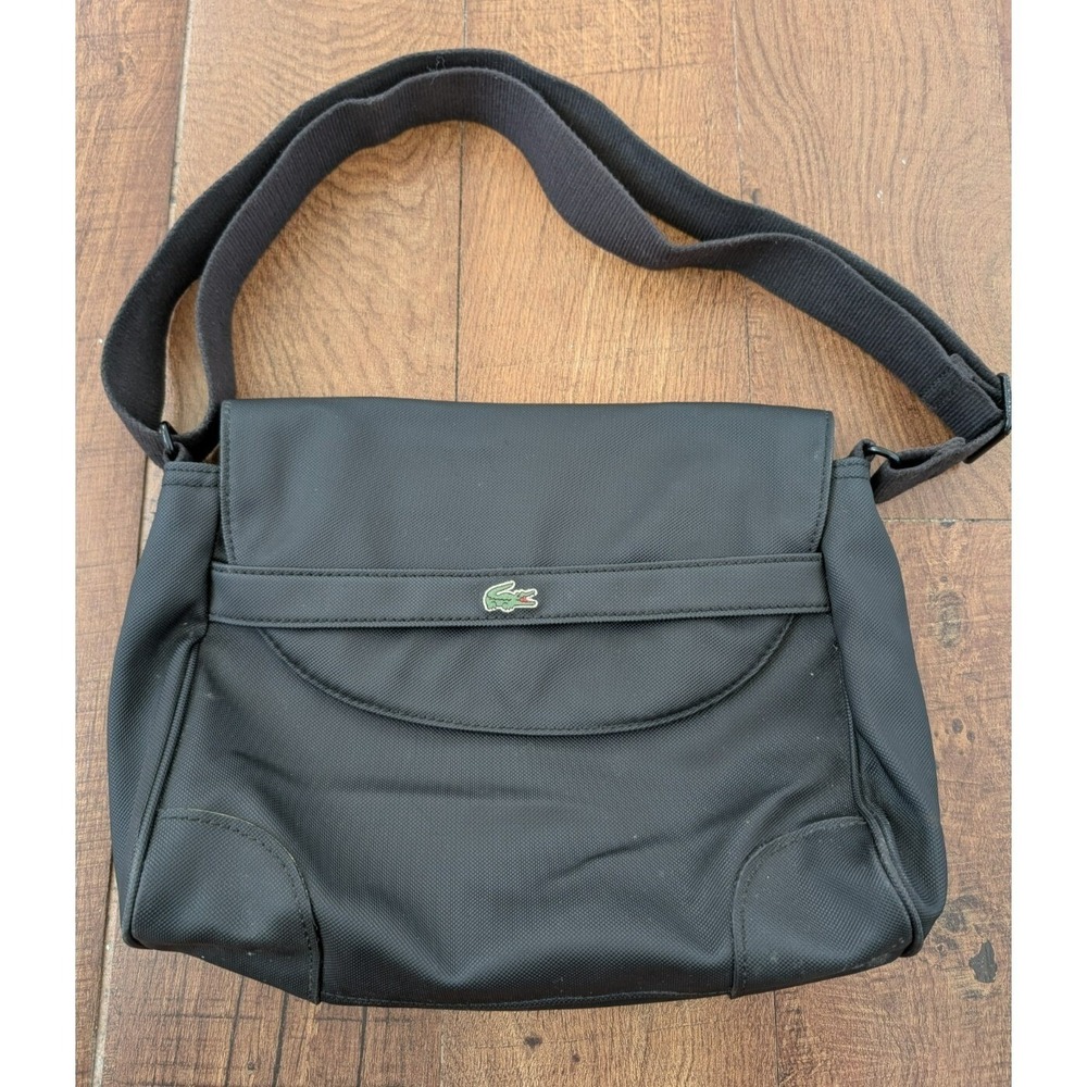 Lacoste Messenger Bag Mens OS Black PVC Flap Crossbody Grid Lining Logo